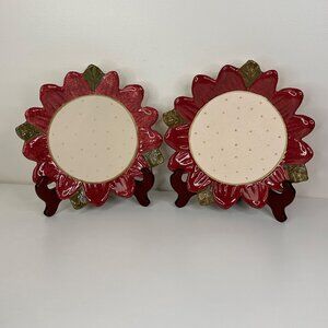 Set Of 2 Red Sunflower Shaped Ceramic Plates With Polka Dot Center Chic Boho 10"